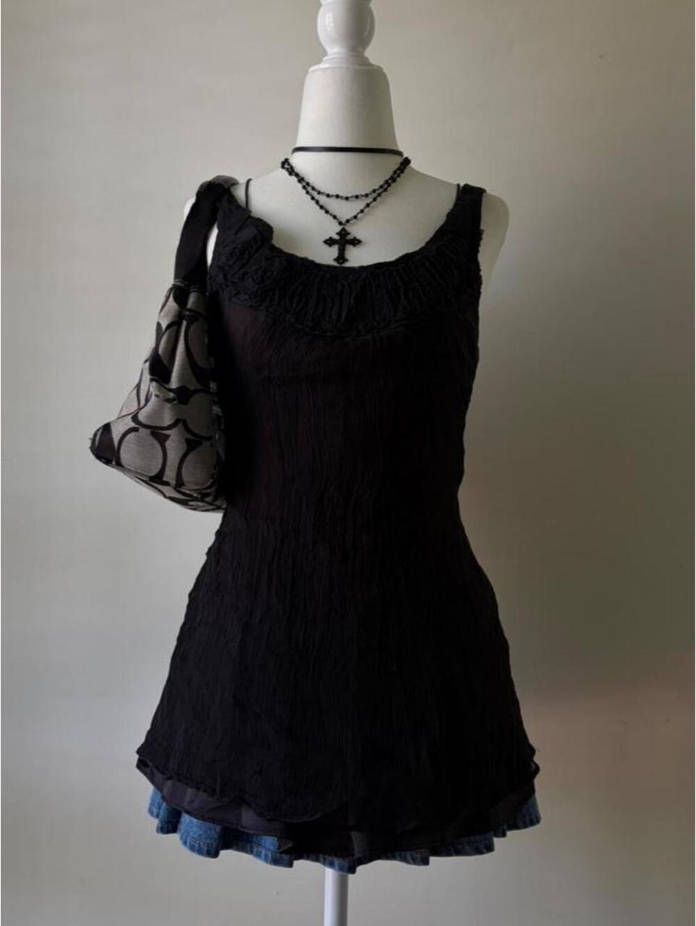 Y2K 100% Silk Lined Black Ruched Tank Top Coquette Boho Fairy Grunge Lace Trim